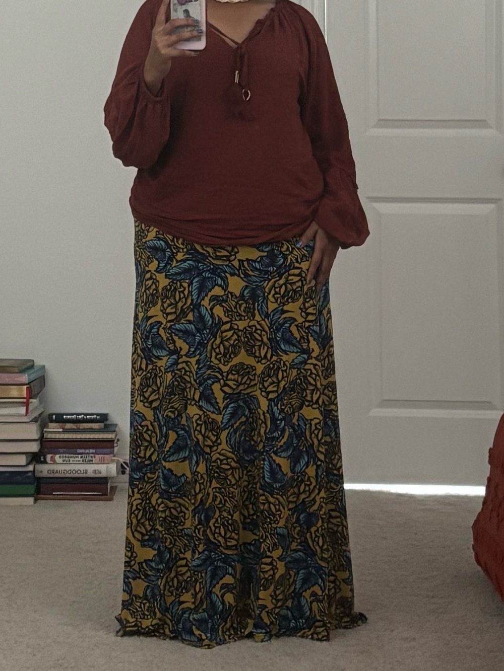 LuLaRoe Mustard Yellow and Blue Floral High-Low Skirt